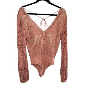 Jens Pirate Booty Womens Small Pink Crochet Knit Boho Bodysuit